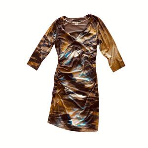Gold and Tan Bodycon Dress with 3/4 Dolman Sleeves and V-Neck for Cocktail